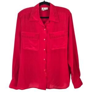 Vintage Fiji 90s Red SILK Button Up Collared Top Embroidered Womens Medium Retro